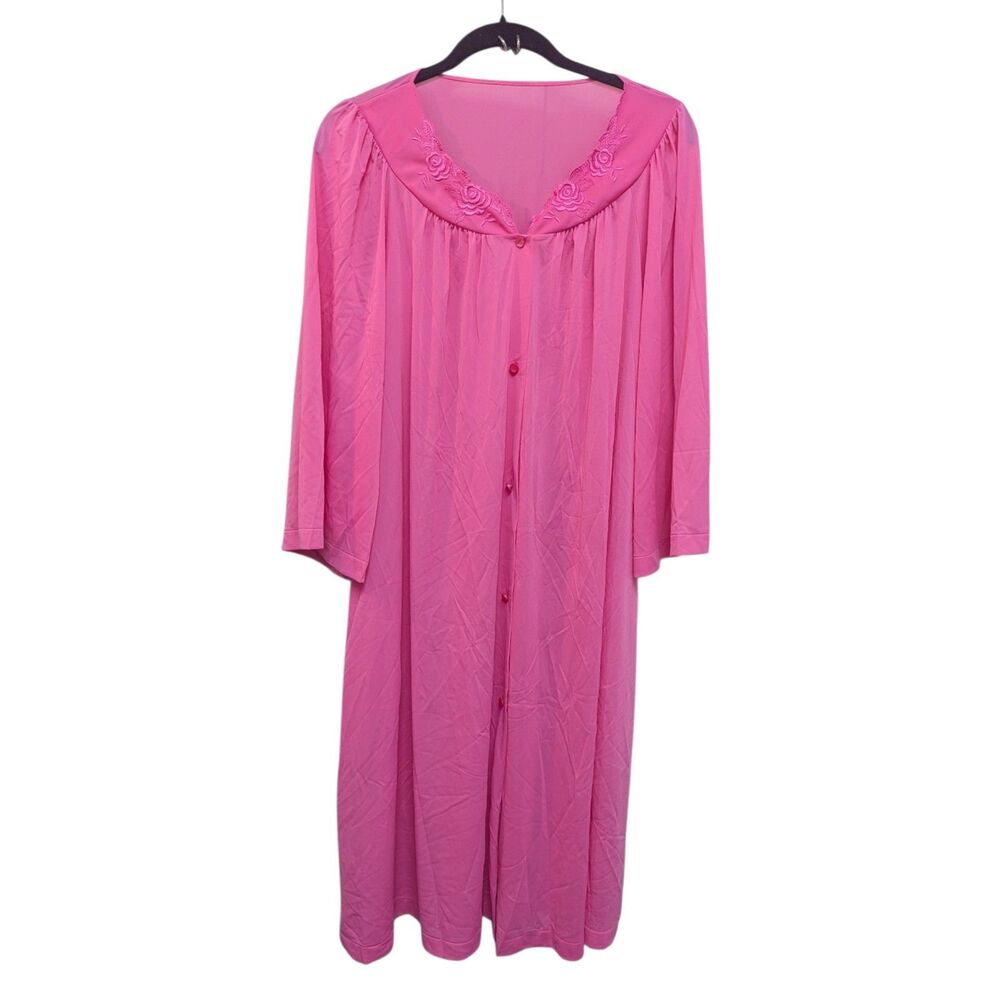 Shadowline Dressing Gown Size XL Deep Pink Silky Nylon Housecoat Robe Cottage